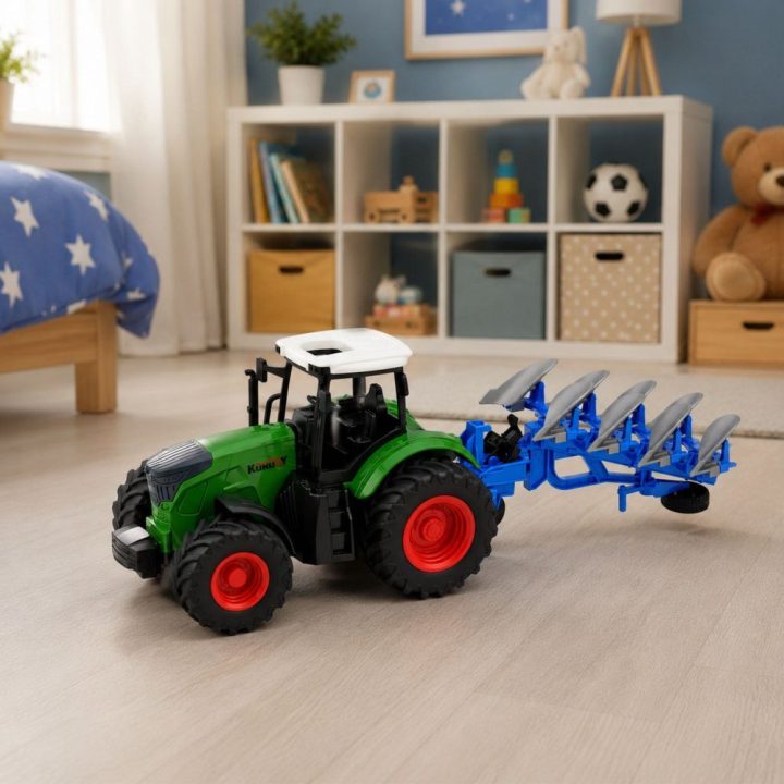 Žalias žaislinis traktorius su dviejų plūgų prikabinimu, 1:24