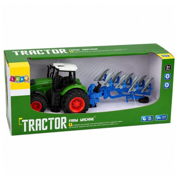 Žalias žaislinis traktorius su dviejų plūgų prikabinimu, 1:24