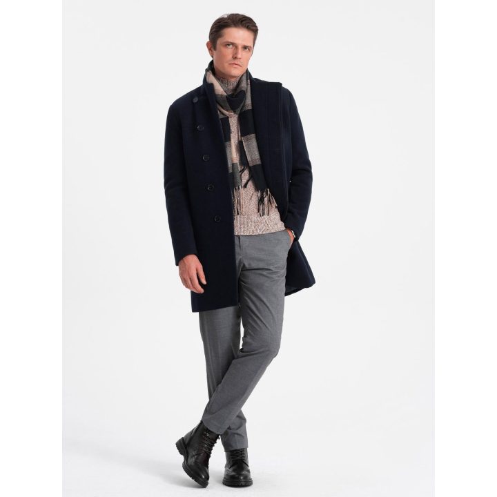 Vyriškas tamsiai mėlynas paltas su asimetriniu užsegimu