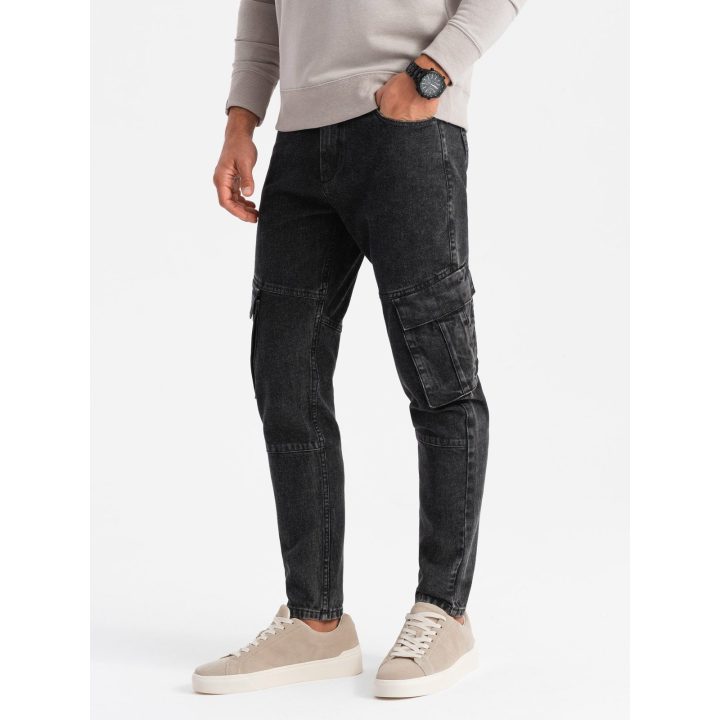 Vyriškos juodos cargo kelnės slim fit su bleached efektu