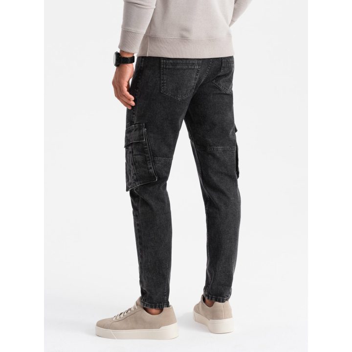 Vyriškos juodos cargo kelnės slim fit su bleached efektu