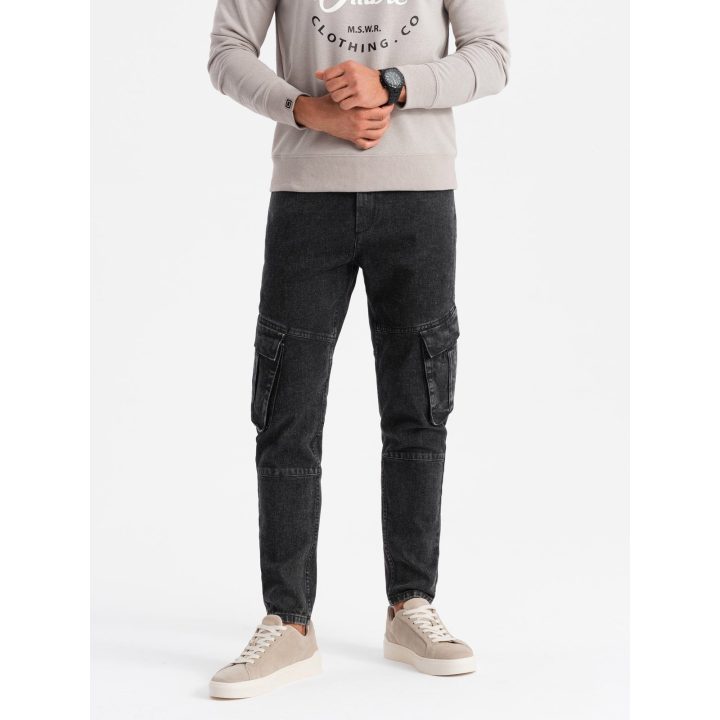 Vyriškos juodos cargo kelnės slim fit su bleached efektu