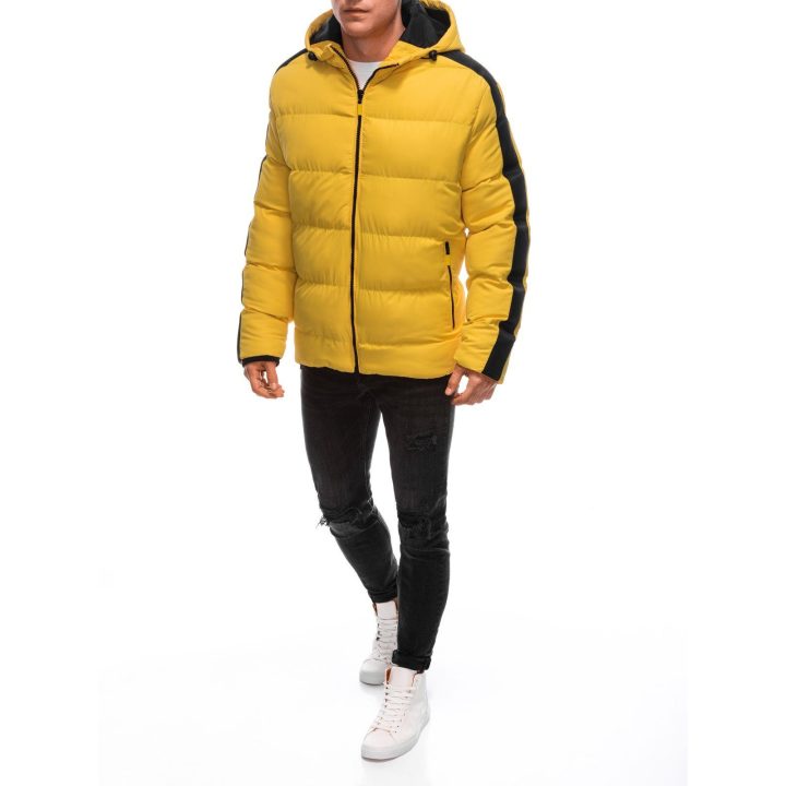 Vyriška geltona dygsniuota žieminė striukė su gobtuvu