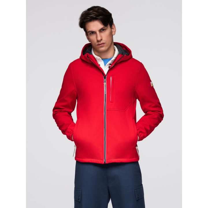 Vyriška raudona softshell striukė su gobtuvu ir fleece pamušalu
