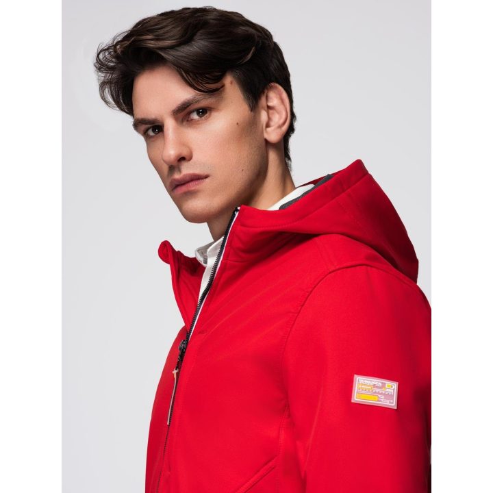 Vyriška raudona softshell striukė su gobtuvu ir fleece pamušalu