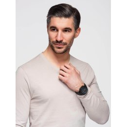 Vyriški kreminiai medvilniniai marškinėliai ilgomis rankovėmis su V formos iškirpte