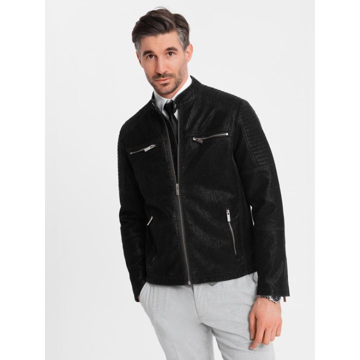 Vyriška juoda retro stiliaus biker striukė su stata apykakle