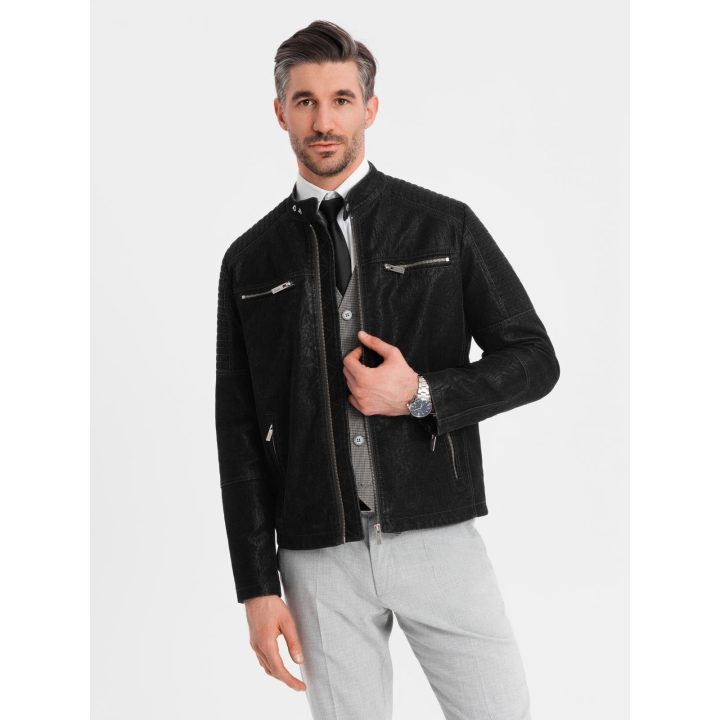 Vyriška juoda retro stiliaus biker striukė su stata apykakle
