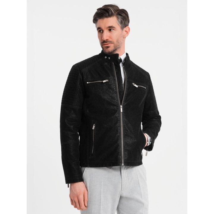 Vyriška juoda retro stiliaus biker striukė su stata apykakle