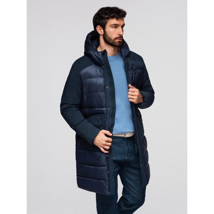 Vyriška tamsiai mėlyna ilga quilted striukė su gaubtuvu