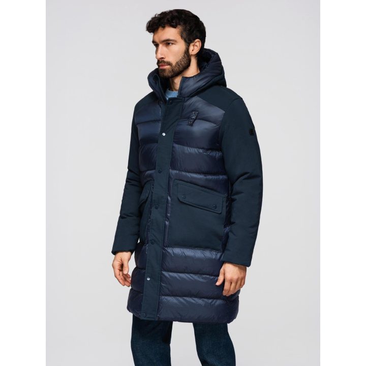 Vyriška tamsiai mėlyna ilga quilted striukė su gaubtuvu