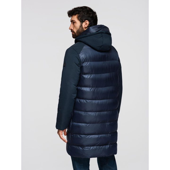 Vyriška tamsiai mėlyna ilga quilted striukė su gaubtuvu