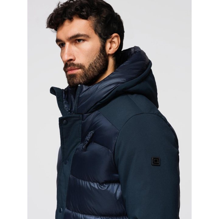 Vyriška tamsiai mėlyna ilga quilted striukė su gaubtuvu