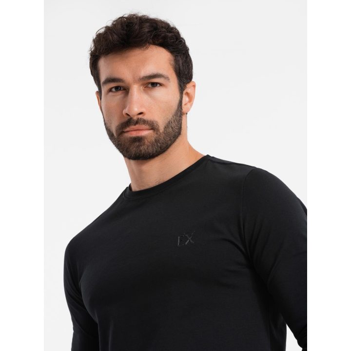 Vyriškas juodas slim fit ilgarankovis marškinėlis su elastanu ir spauda