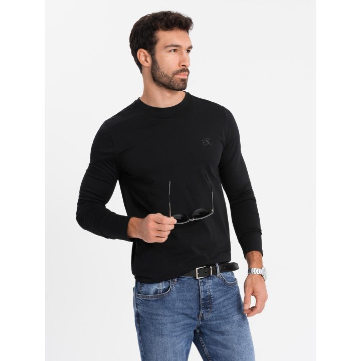 Vyriškas juodas slim fit ilgarankovis marškinėlis su elastanu ir spauda