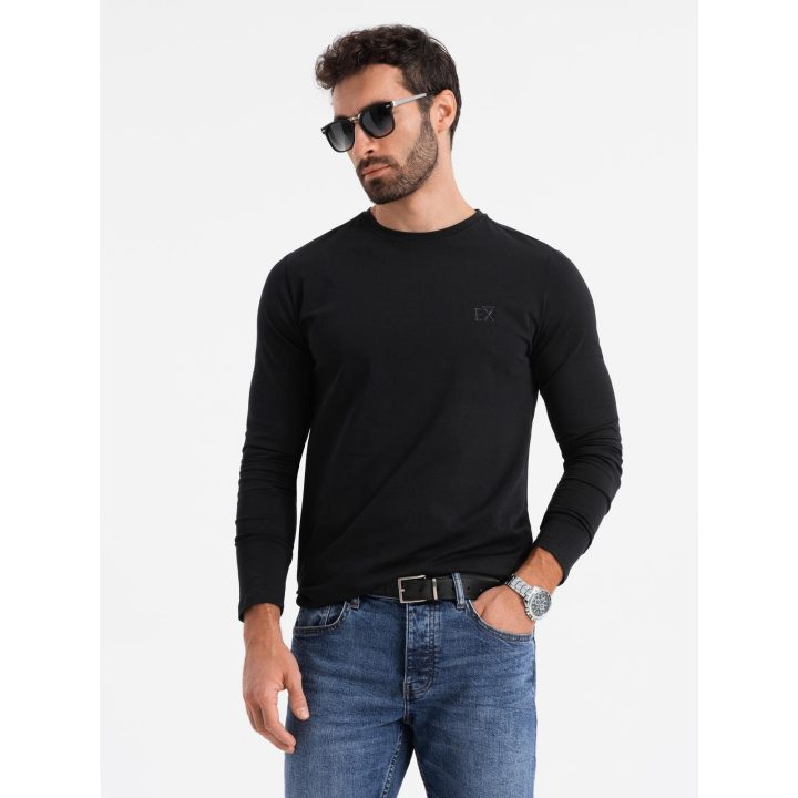 Vyriškas juodas slim fit ilgarankovis marškinėlis su elastanu ir spauda