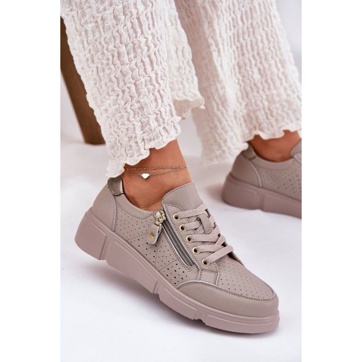 Sportiniai odiniai bateliai su platforma ir užtrauktuku, smėlio spalvos