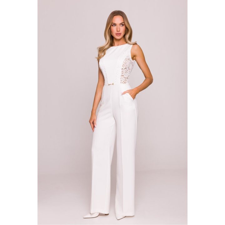 Balta moteriška elegantiška jumpsuit su nėriniais