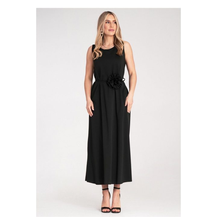Ilga juoda suknelė be rankovių su gėlių detale Figl