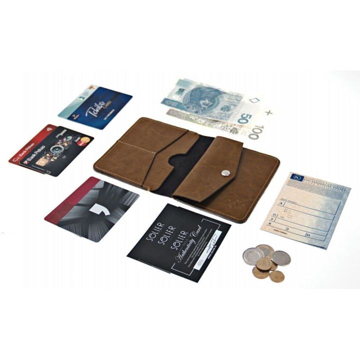 Plona vyriška odinė piniginė su monetų laikikliu SOLIER SLIM DARK BROWN