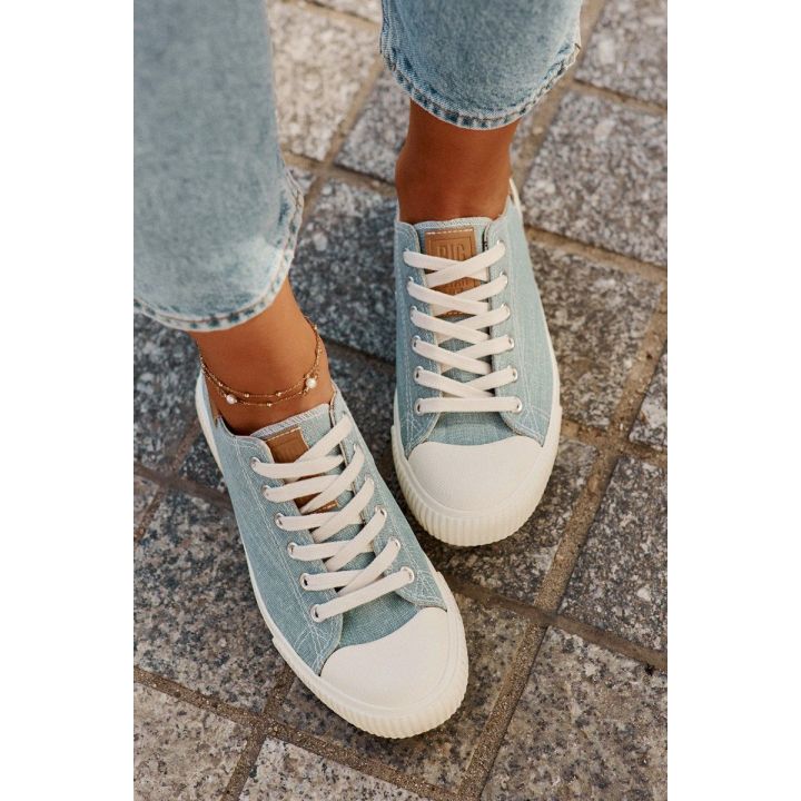 Mėlyni patogūs medžiaginiai sportiniai bateliai moterims