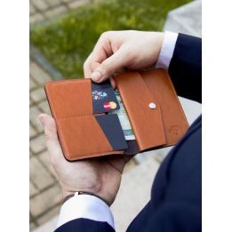 Plona vyriška odinė piniginė su monetų laikikliu SOLIER SLIM LIGHT BROWN