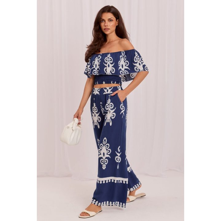 Mėlynas boho stiliaus moteriškas kelnės komplektas Italy Moda