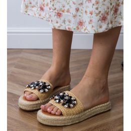Smėlio spalvos espadrilės šlepetės su juodais kristalais
