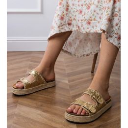 Auksinės espadrilės šlepetės moterims su sagtelėmis