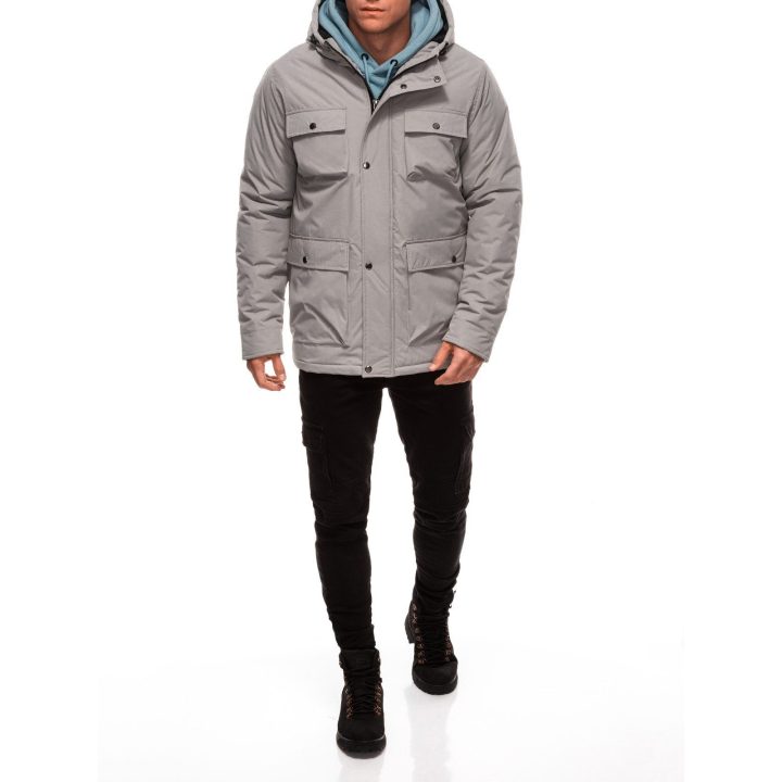 Vyriška pilka žieminė striukė su gobtuvu