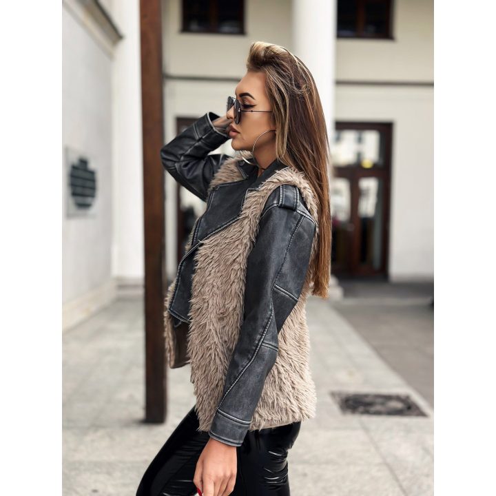 Moteriška smėlio spalvos liemenė su dirbtiniu kailiu