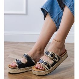 Espadrilės juodos brokatinės šlepetės su sagtelėmis