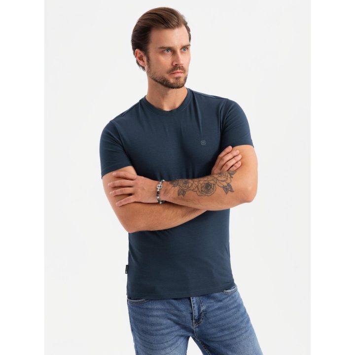 Vyriški tamsiai mėlyni slim fit marškinėliai su apvalia iškirpte