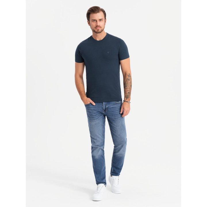 Vyriški tamsiai mėlyni slim fit marškinėliai su apvalia iškirpte