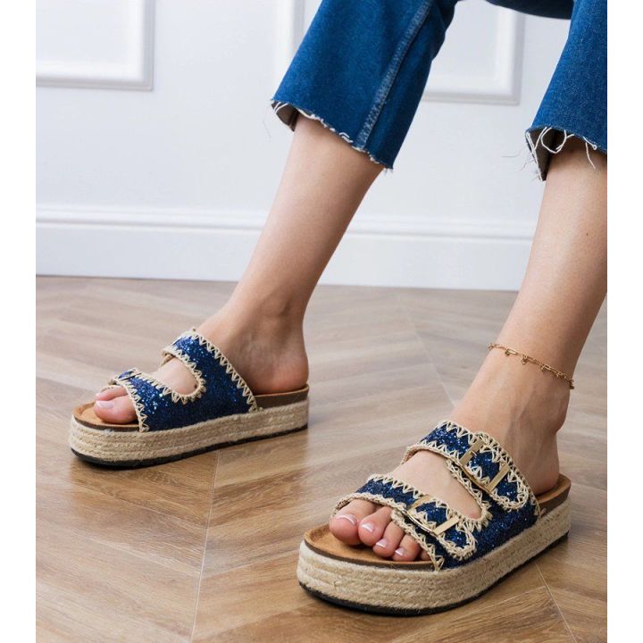 Espadrilės šlepetės tamsiai mėlynos su sagtelėmis ir platforma