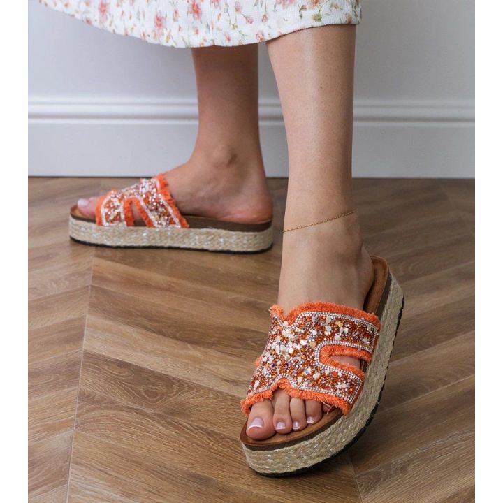 Moteriškos oranžinės espadrilės šlepetės su cirkoniais