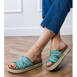 Espadrilės žalios šlepetės su platforma ir cirkoniais