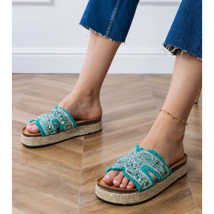 Espadrilės žalios šlepetės su platforma ir cirkoniais