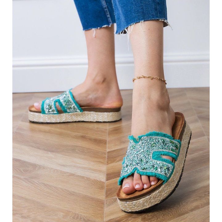 Espadrilės žalios šlepetės su platforma ir cirkoniais