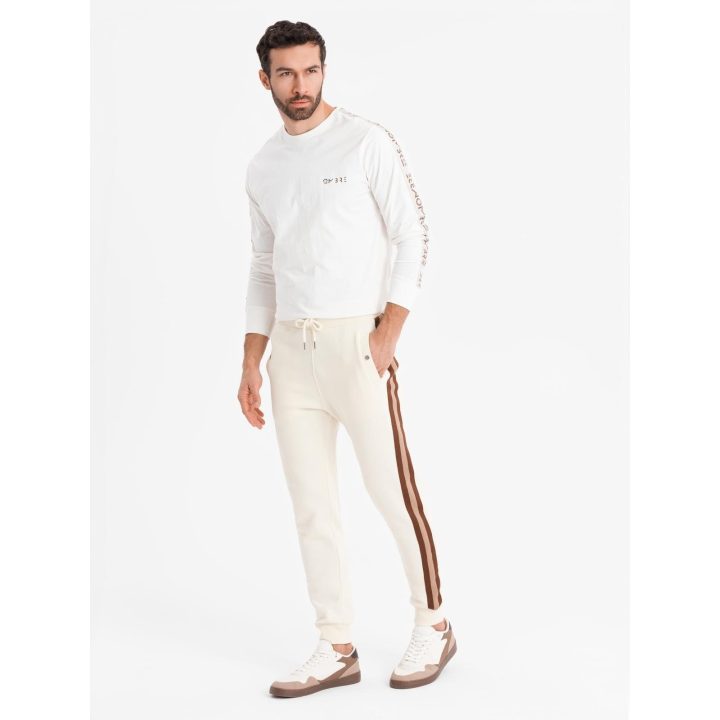 Vyriškos kreminės laisvalaikio kelnės su juostomis šonuose