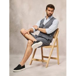 Vyriškas tamsiai mėlynas elegantiškas komplektas su liemene ir šortais