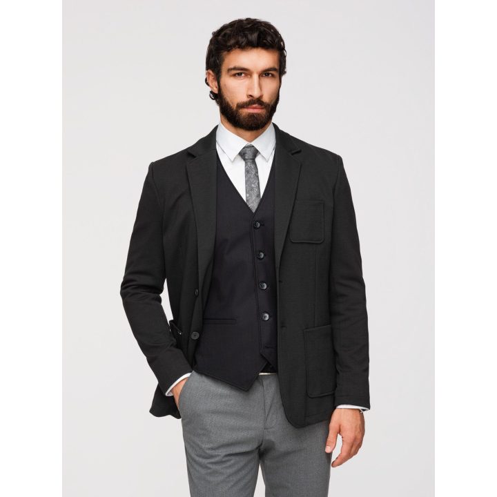 Vyriškas juodas slim fit švarkas su tekstūriniu trikotažu