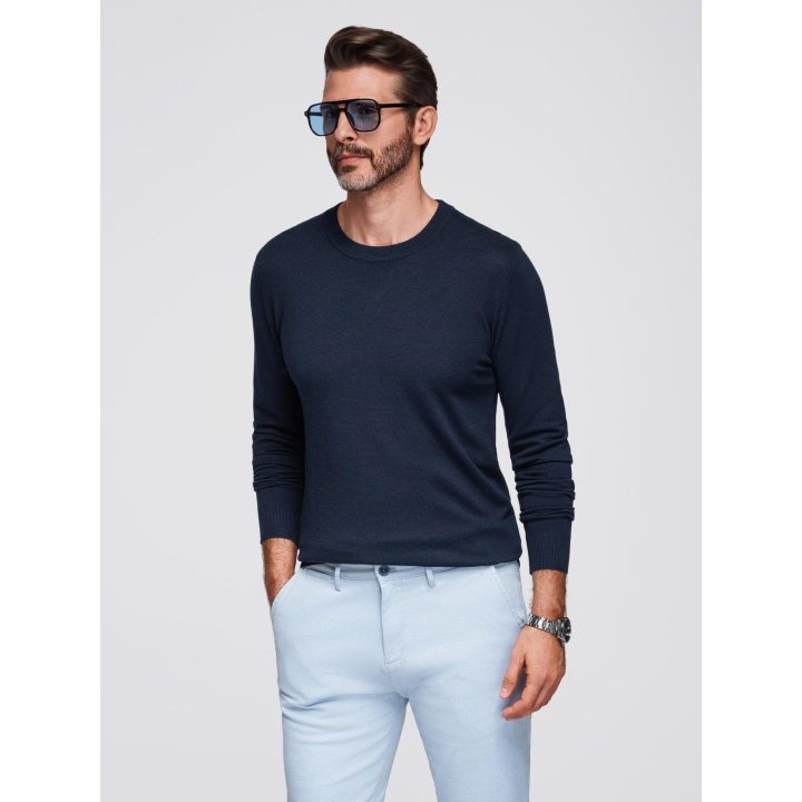 Vyriškas tamsiai mėlynas megztinis su apvalia iškirpte