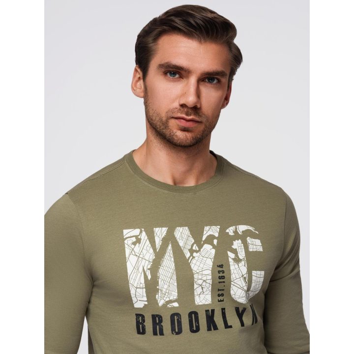 Vyriški alyvuogių spalvos marškinėliai ilgomis rankovėmis su „NYC Brooklyn“ printu