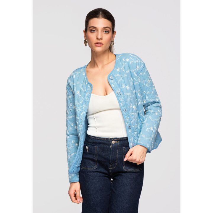 Moteriškas mėlynas medvilninis švarkelis su siuvinėjimu