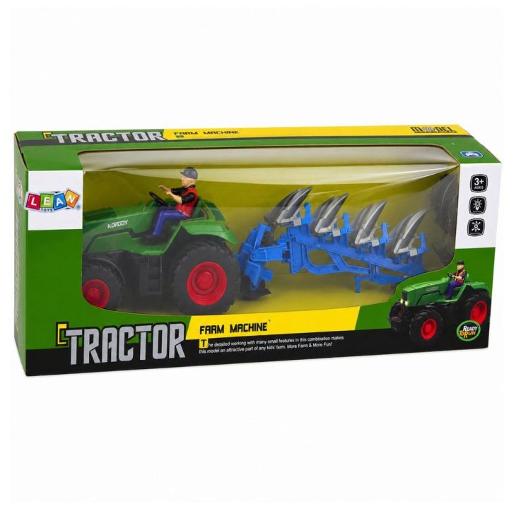 Žalias žaislinis RC traktorius su plūgu ir ūkininko figūrėle 1:24