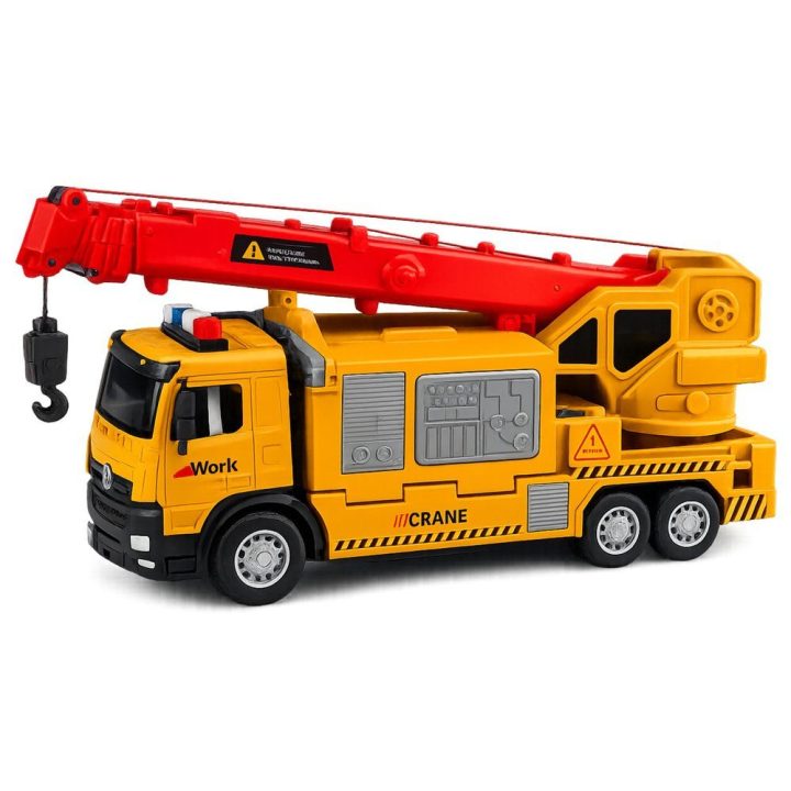 Geltonas žaislinis kranas-sunkvežimis su 4 transporto priemonėmis, šviesomis ir garsais
