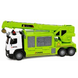 Žalias žaislinis kranas-sunkvežimis su 4 transporto priemonėmis, šviesomis ir garsais