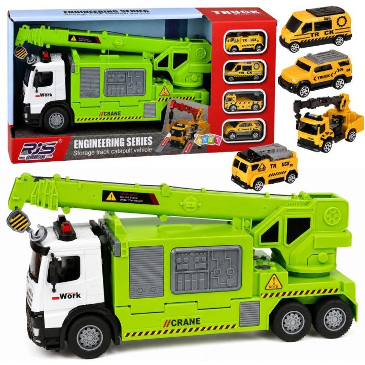 Žalias žaislinis kranas-sunkvežimis su 4 transporto priemonėmis, šviesomis ir garsais