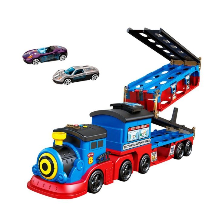 Žaislinis lokomotyvas-transporteris su automobiliais, šviesomis ir garsais